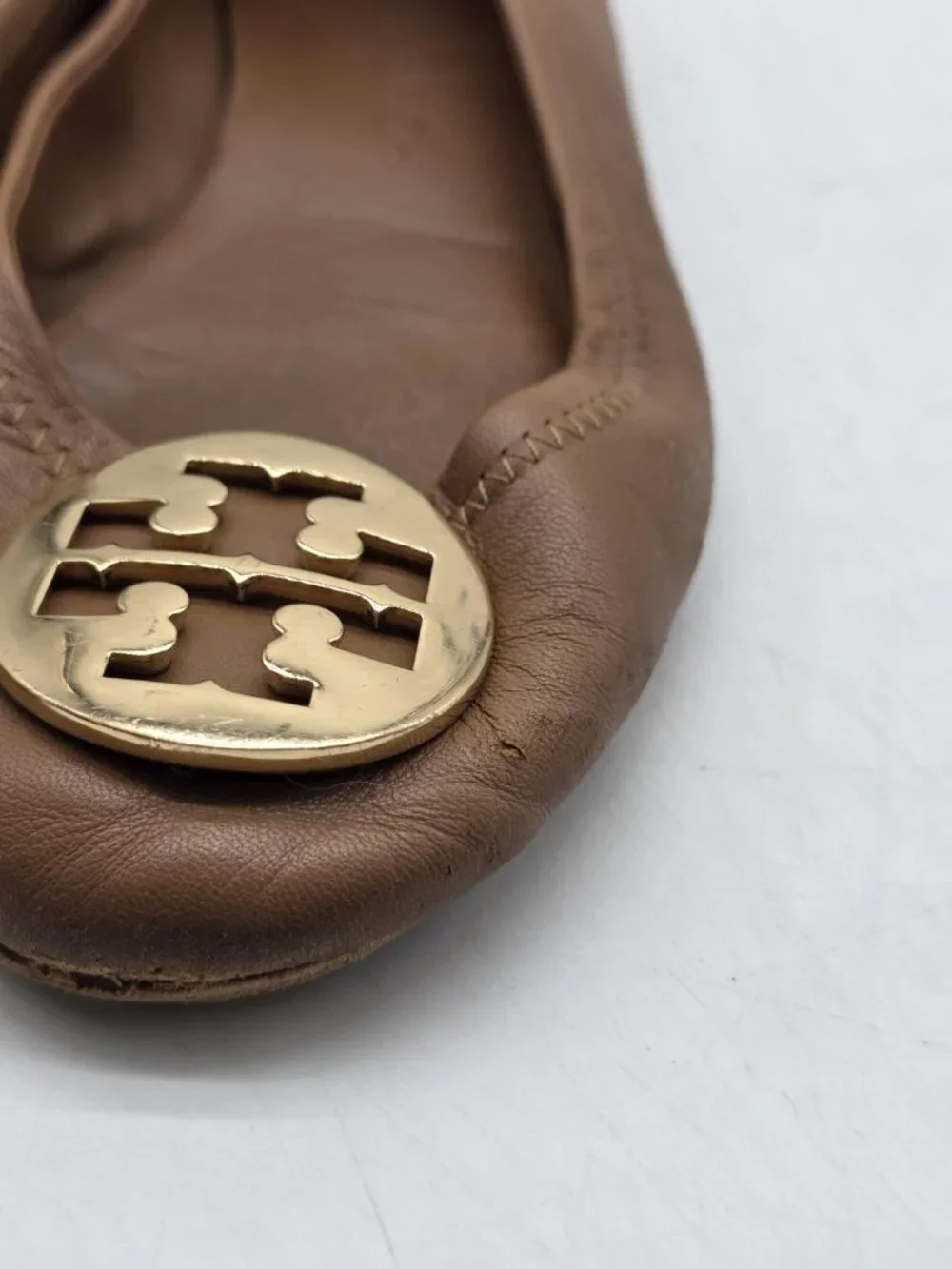 Tory Burch Shoes Womens Size 8 Brown Leather Ballet Flats Logo Medallion Damaged